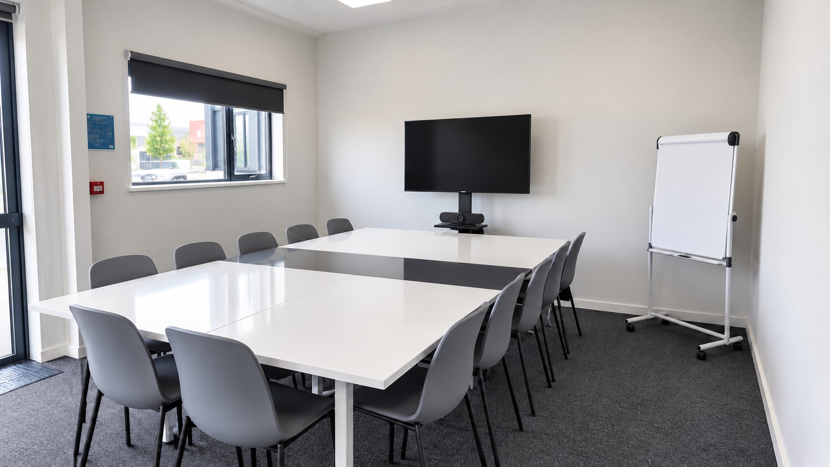 TAS HUB meeting room with clear white tables, grey chairs, TV and flip chart